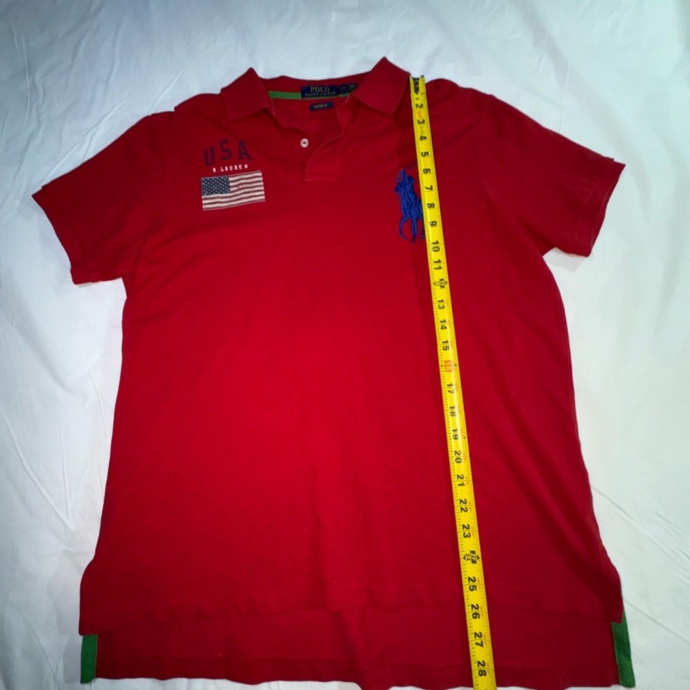 Ralph Lauren Red Polo Shirt with large Blue Logo American flag - Picture 8 of 8